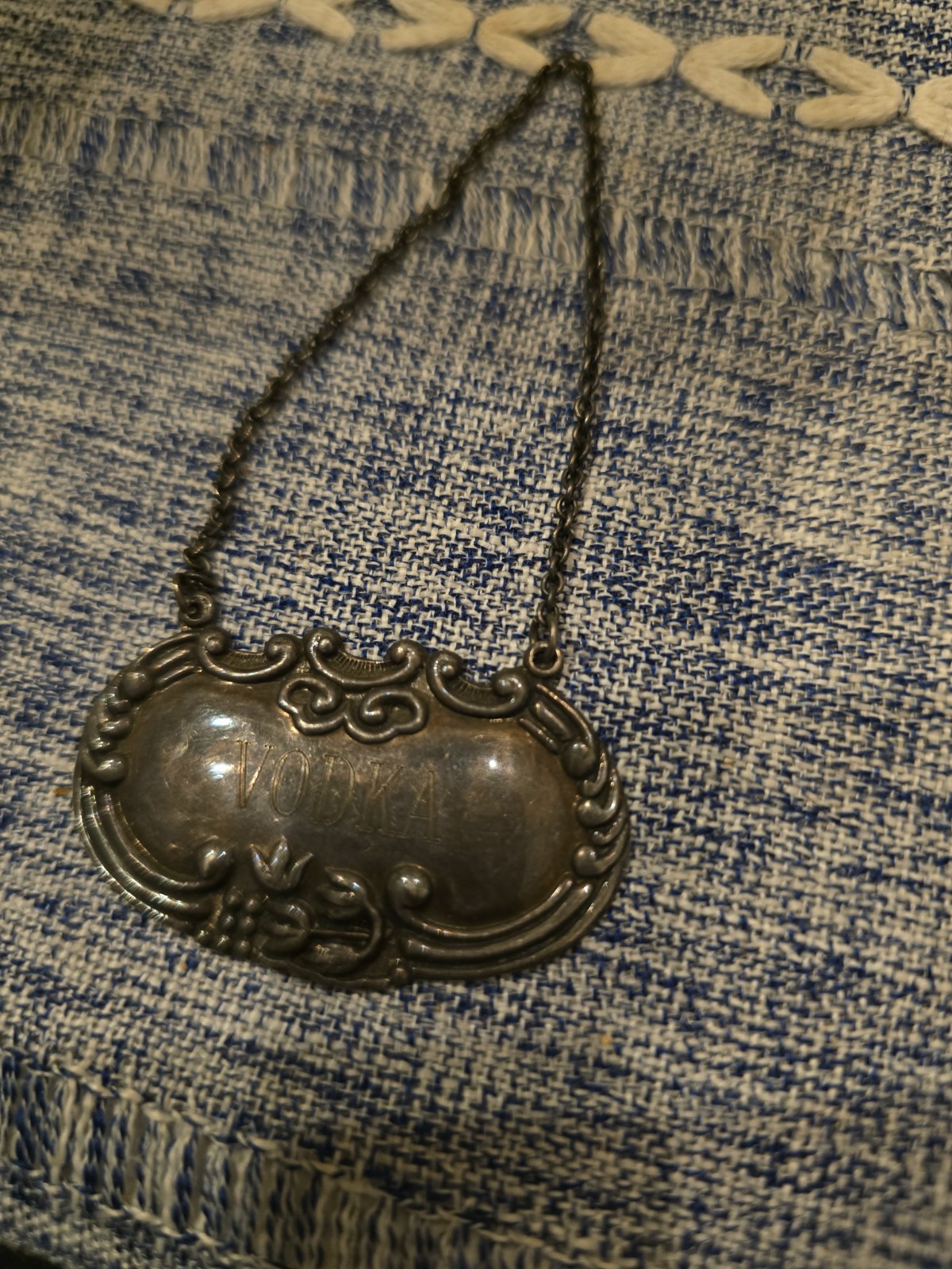 Vintage Ornate Sterling Silver Vodka Decanter Label Bottle Tag 925 Repousse