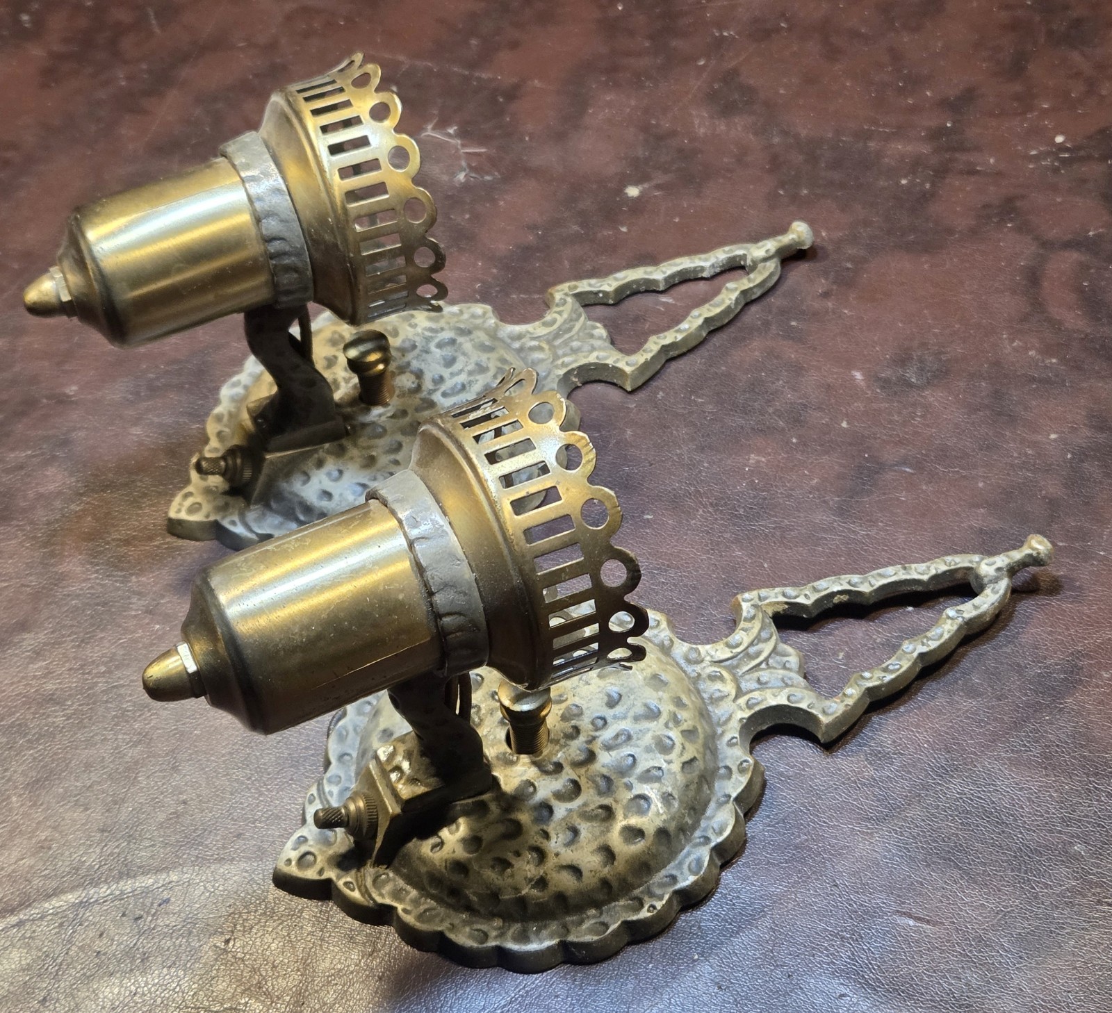 Pair Antique Wall Sconces 1920s Gothic Mission Arts & Crafts Hammered Metal