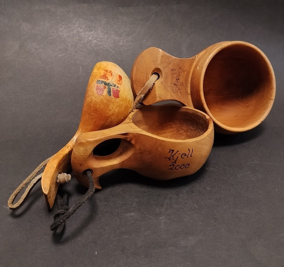 Scandinavian Drinking Cup Set 3 Sweden Birch Wood Folk Vintage Handmade
