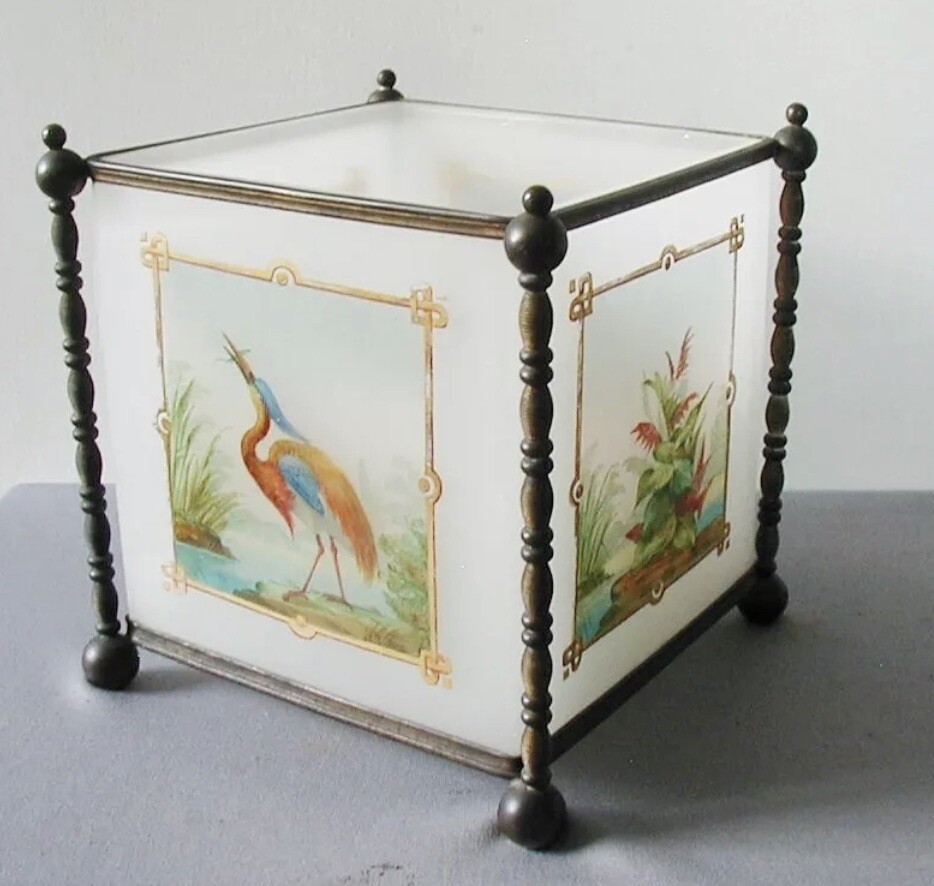 Antique Bronze Opaline Glass Cache Pot Tissue Box Jardiniere Chinoiserie Vase