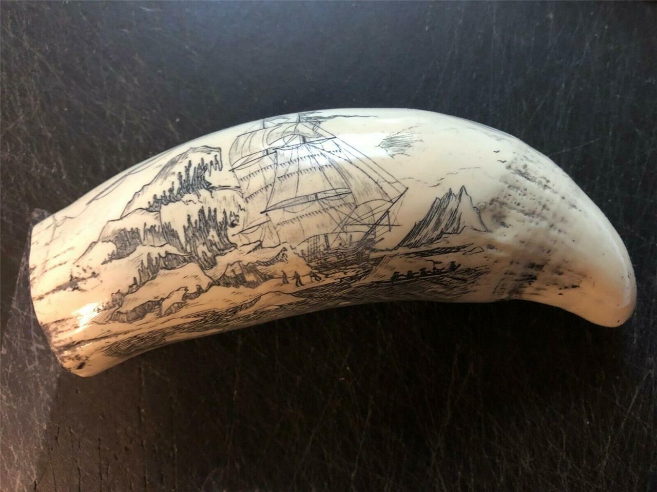 “STEAMER THRASHER” historic Sperm whale tooth scrimshaw reproduction