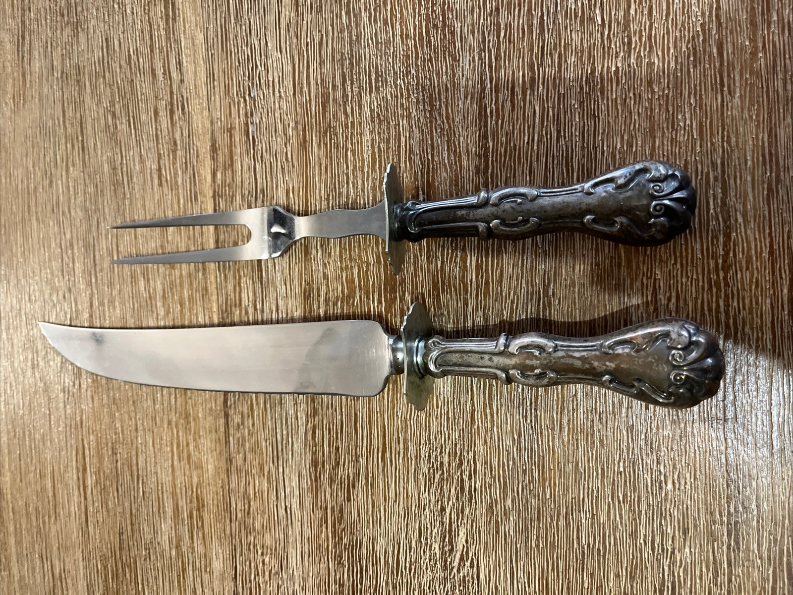 Sheffield England Sterling Silver Handled Carving Knife& Fork Set 1940 vtg MCM