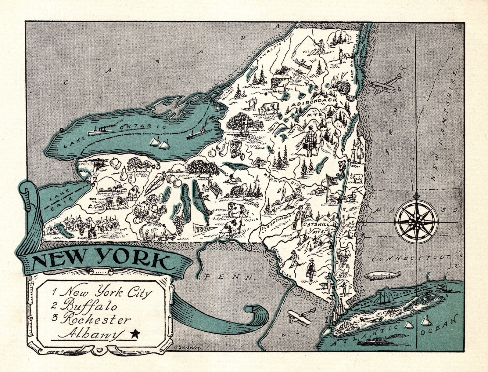 1930s Antique New York State Map RARE Animated Blue Picture Map BLU 2977