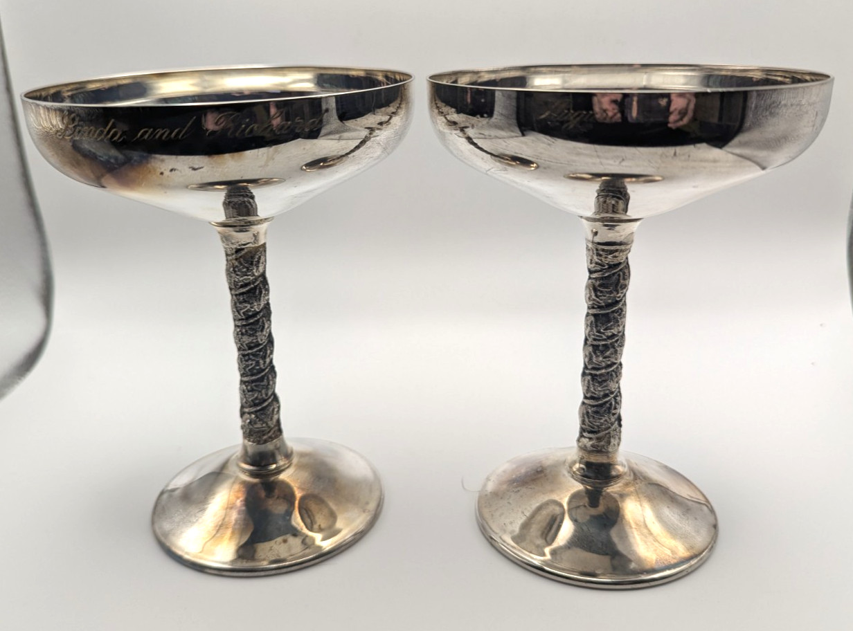 F.B. ROGERS Silverplate Coupe Champagne Glasses Set 2 Italy Engraved Vintage Bar