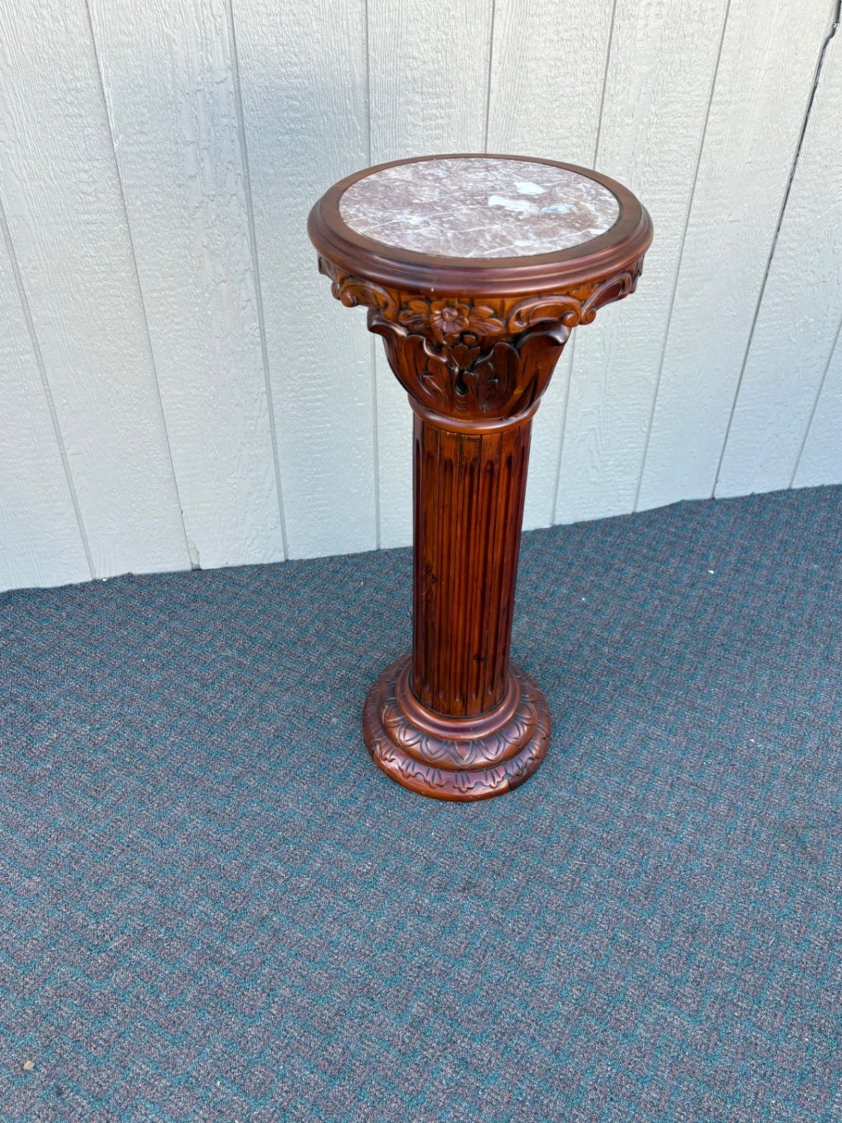 67416 Marble Top Decorative Pedestal with Carved Mahogany Column