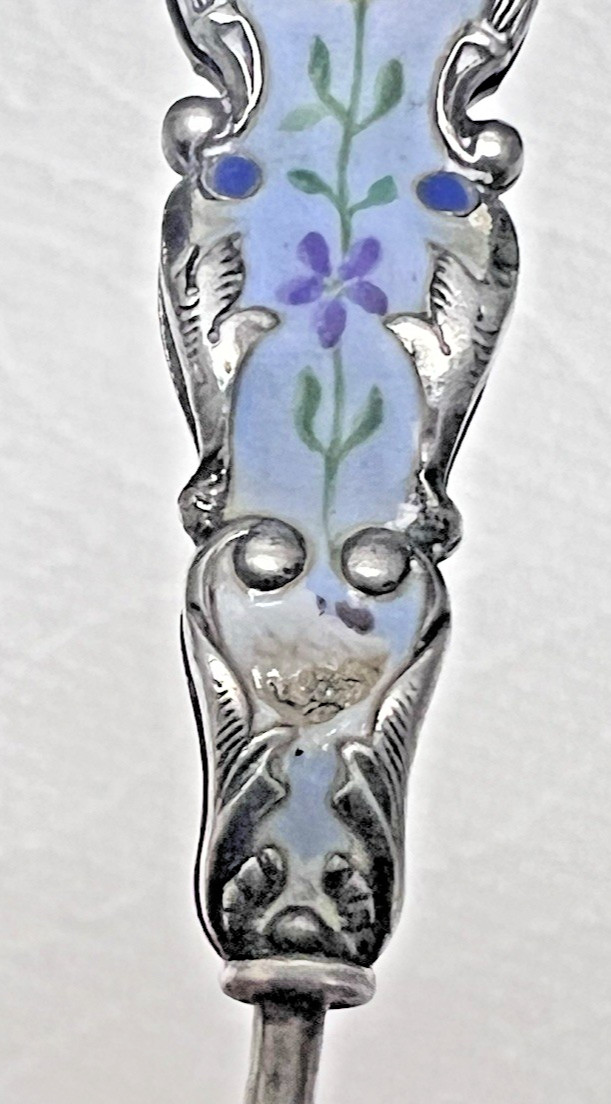 Antique Sterling Silver Button Hook Floral Enamel Chatelaine 2 7/8 inch