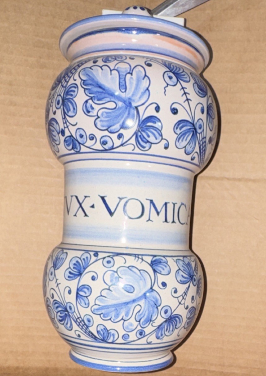 Medical Times Italy Apothecary Jar Nux Vomica Blue Floral Ceramic White Orange
