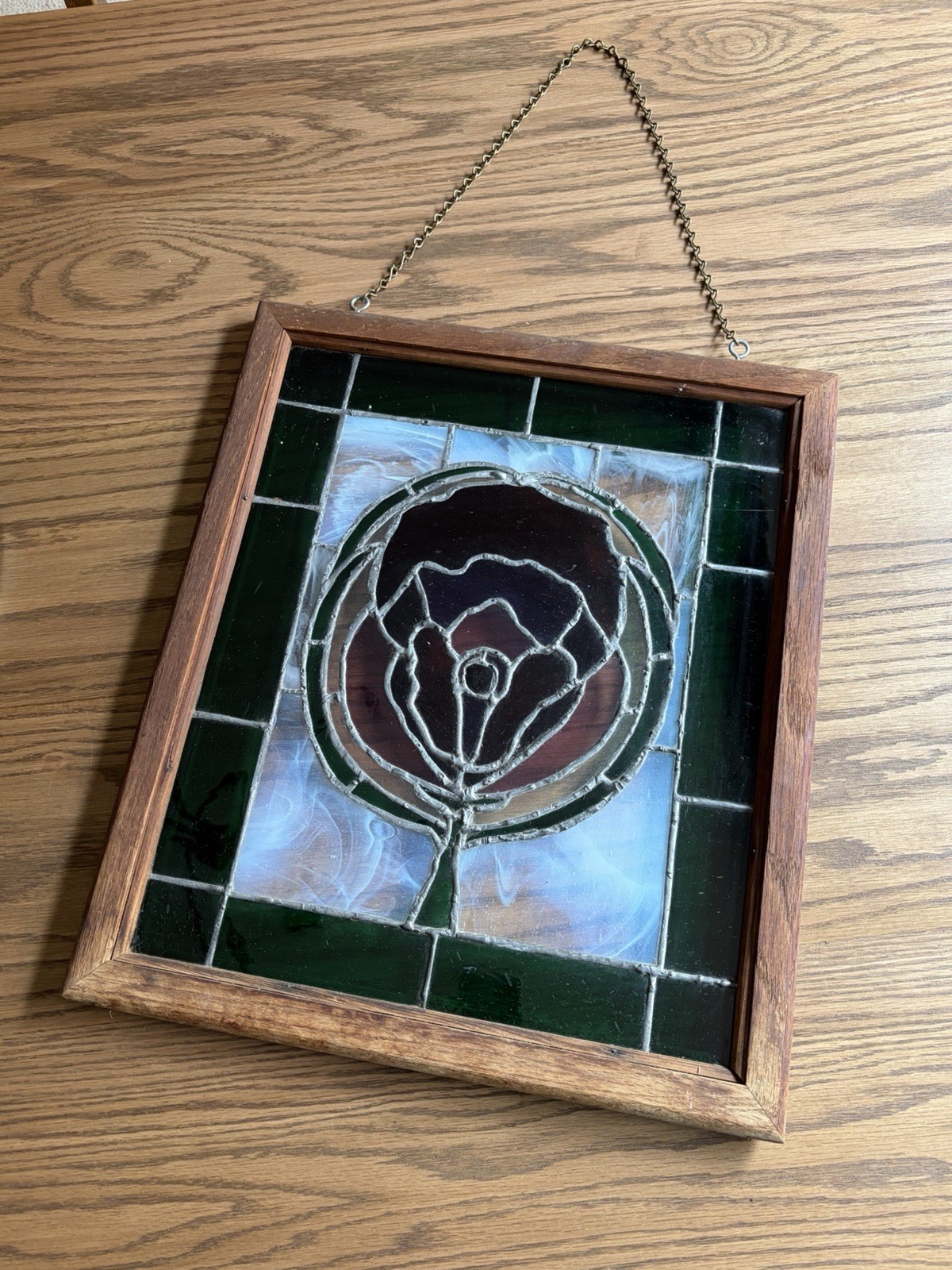 Vintage Stained Glass Wood Framed Hanging Floral Stained Glass