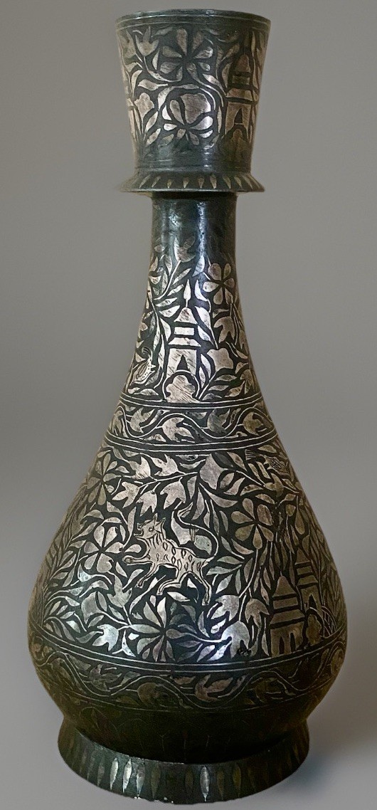 Antique Islamic Silver Inlaid Vase Deer Birds Mosque Motifs