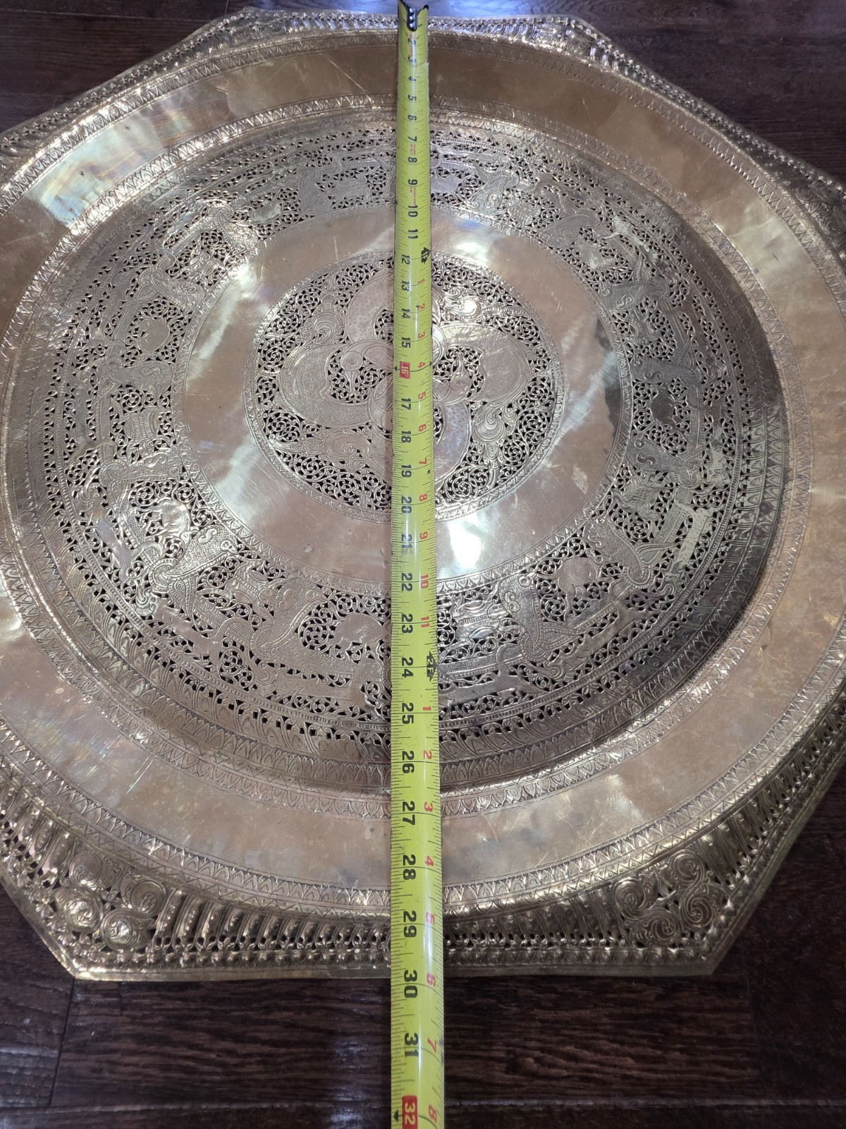 Antique Hand-engraved Large Ceylon Brass Tray octagon 30″
