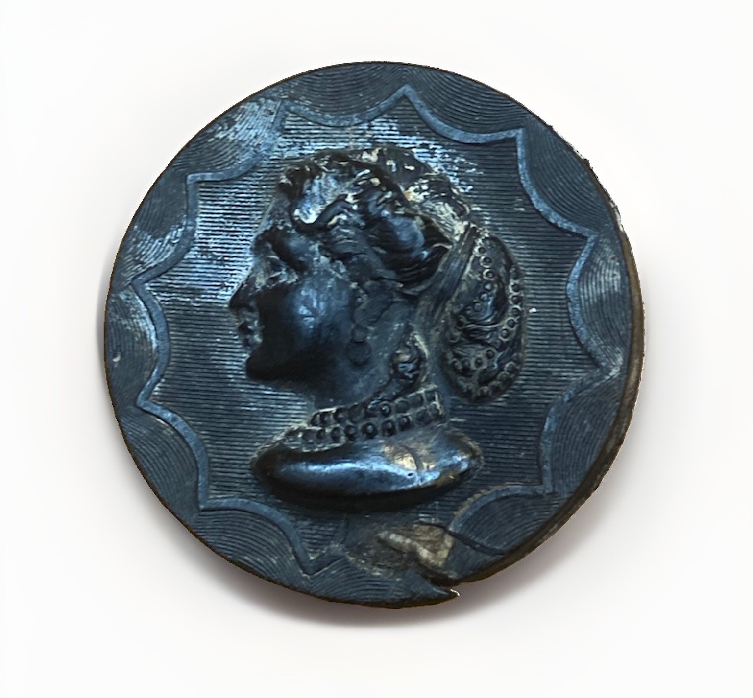 Antique Victorian Bog Oak Cameo Button 1.25″ Large Black Mourning Portrait
