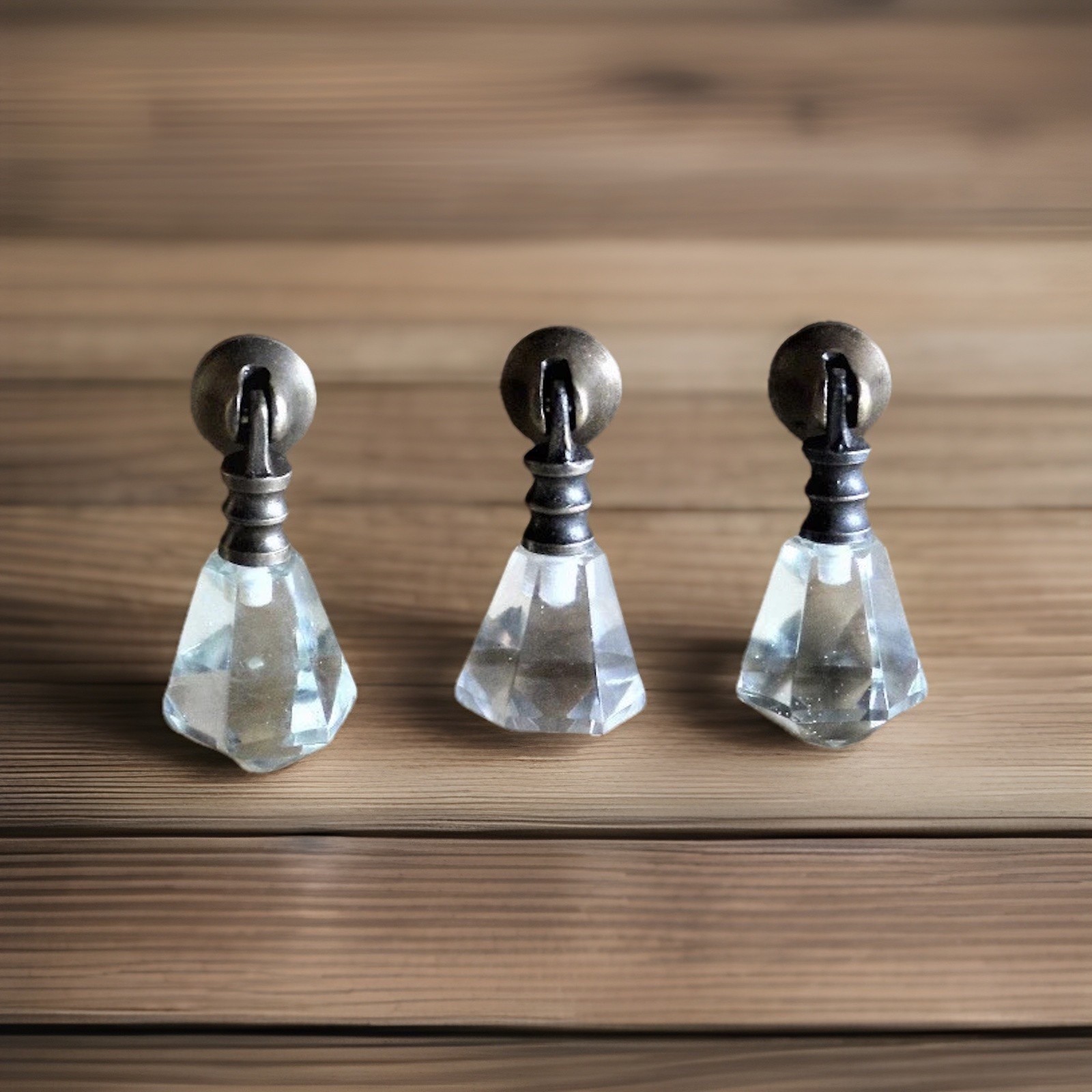 3 Metal Victorian Teardrop Crystal Knobs Vintage Brass Clear Glass Handle Pulls
