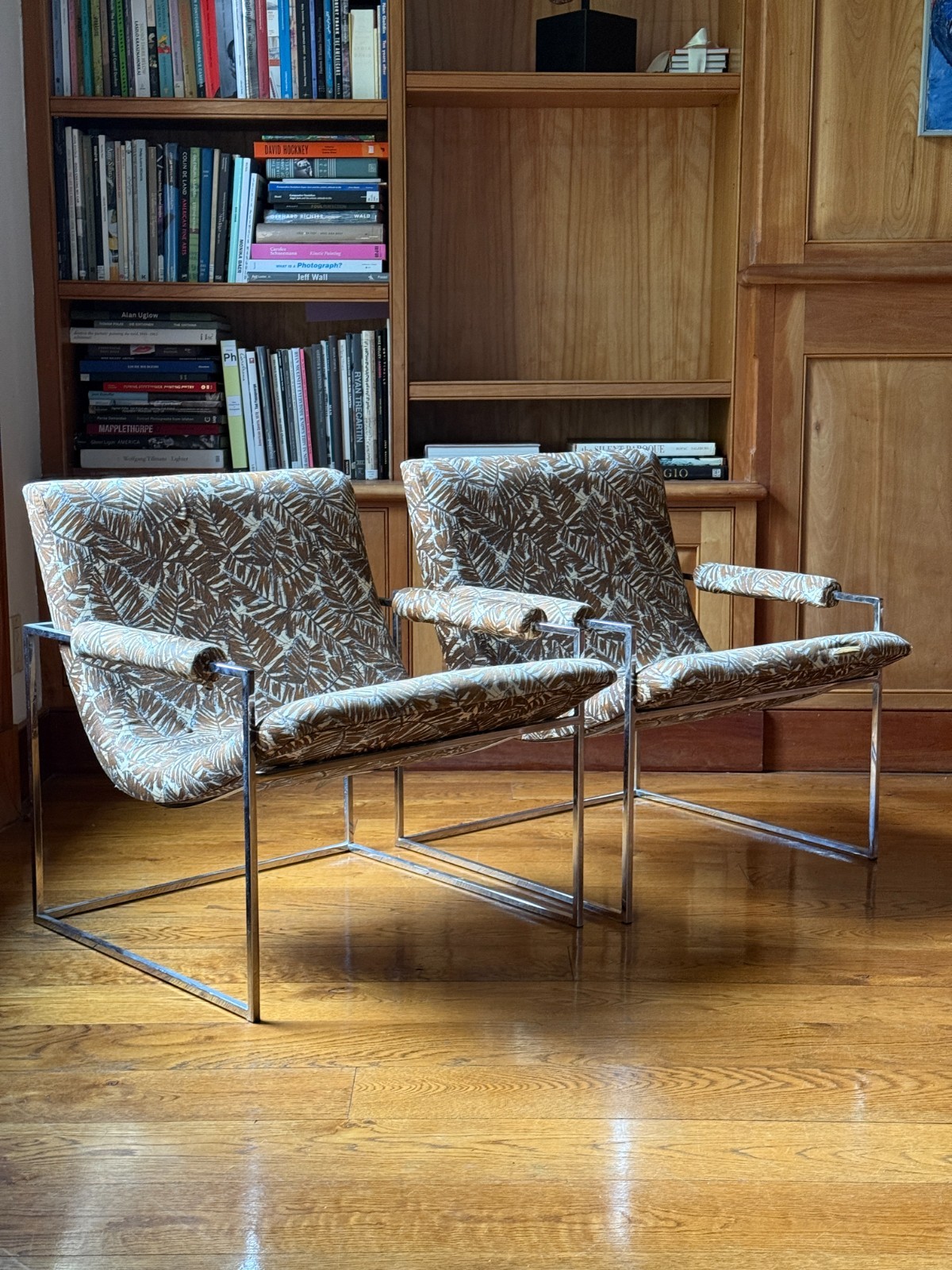 Rare Pair of Milo Baughman for Thayer Coggin Bold Print & Chrome Scoop Chairs
