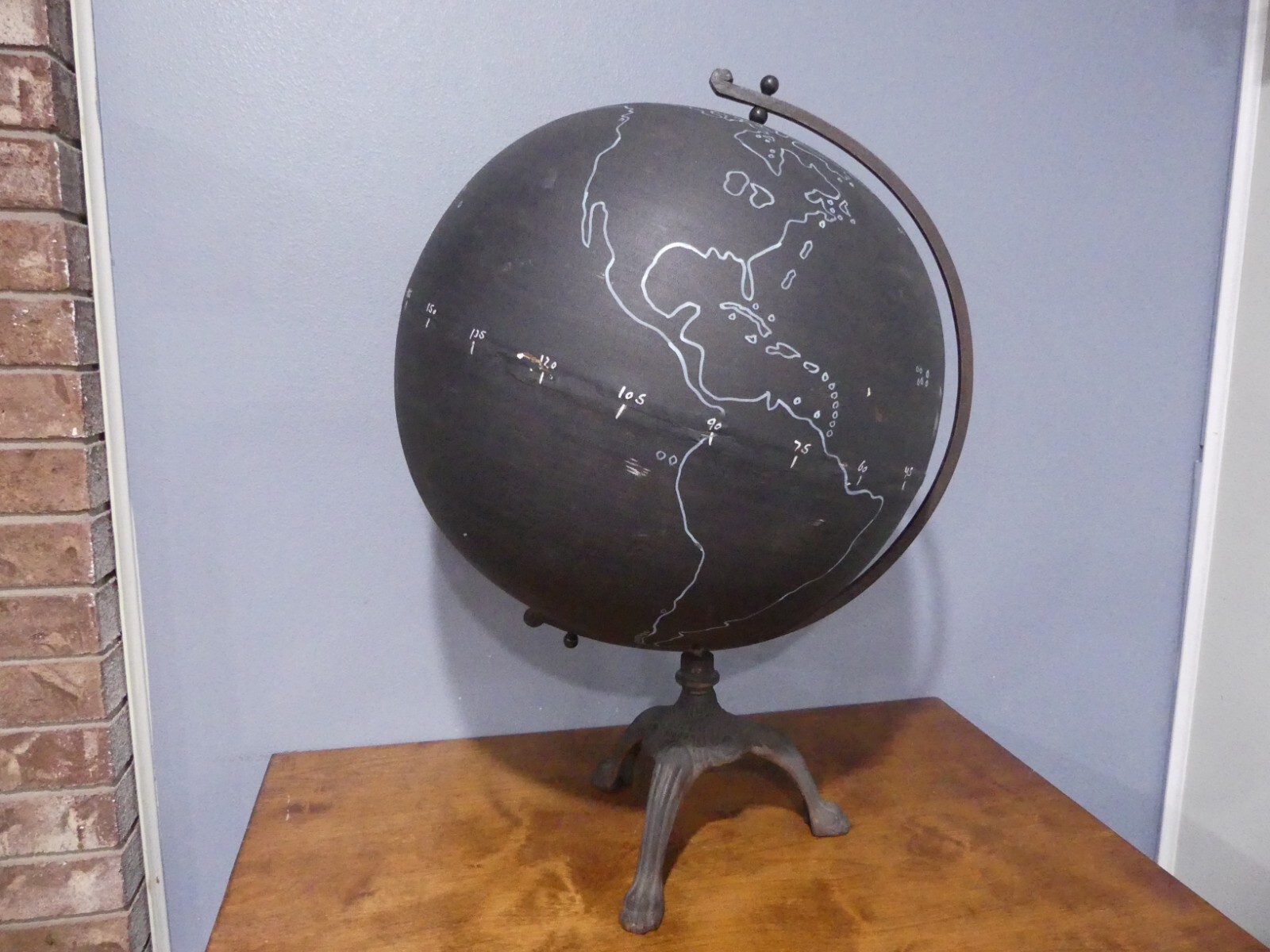 Antique Metal Black Field 20″ Terrestrial Globe w/ Cast Iron Base