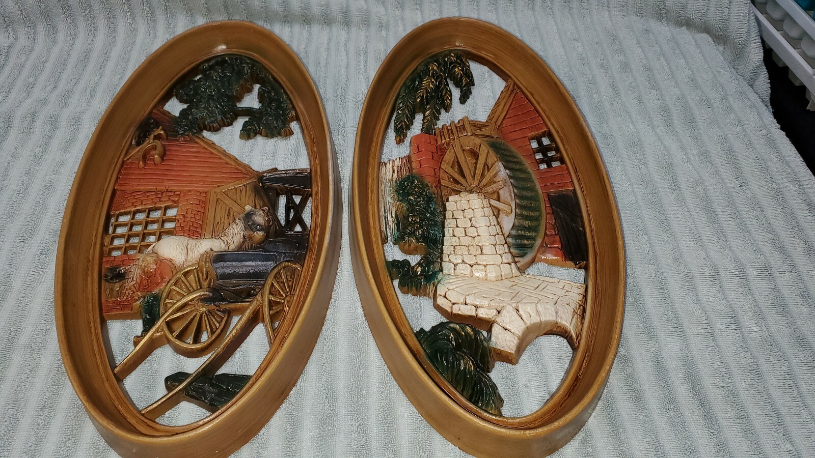 2 Vintage Oval Sculptured Art Wall Plaques Watermill Farrier Horse Homco Burwood