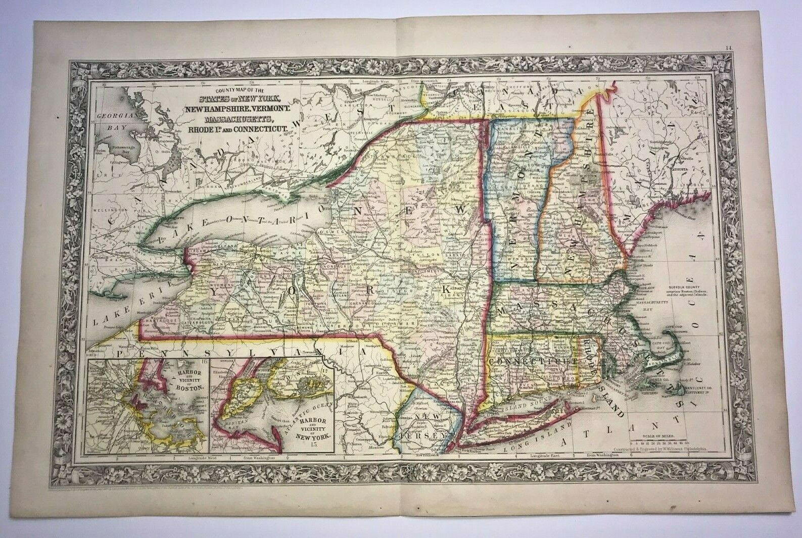 NORTHEAST UNITED STATES 1860 AUGUSTUS MITCHELL LARGE ANTIQUE MAP