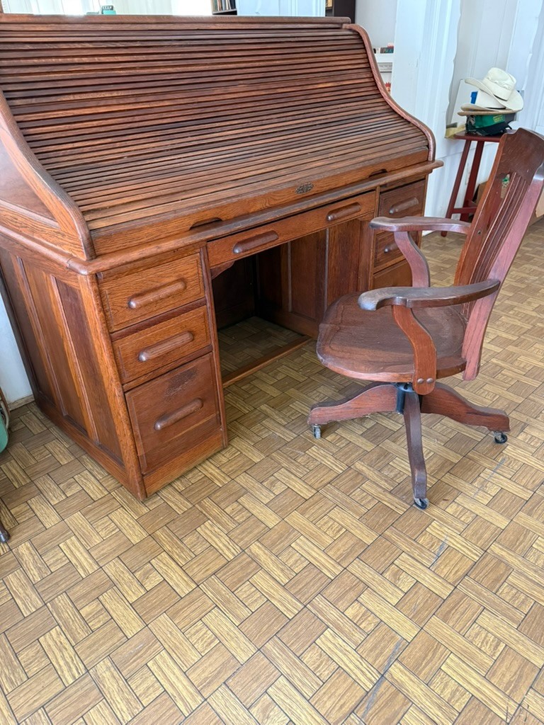Antique S Curve Oak Roll top Desk and Chair