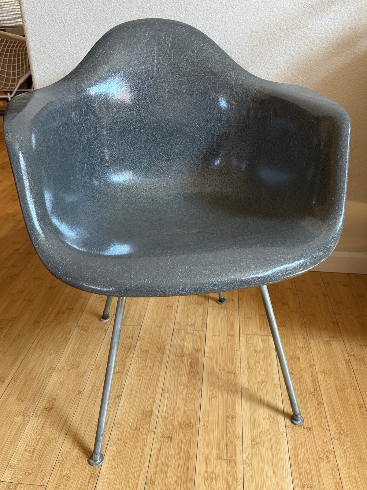 Vintage Eames Elephant Grey Herman Miller Arm Chair Fiberglass X Base 2nd Gen