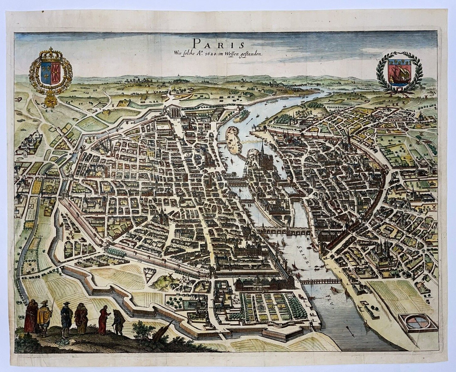 PARIS FRANCE 1655 MATHAEUS MERIAN UNUSUAL LARGE UNUSUAL ANTIQUE BIRD’S EYE VIEW