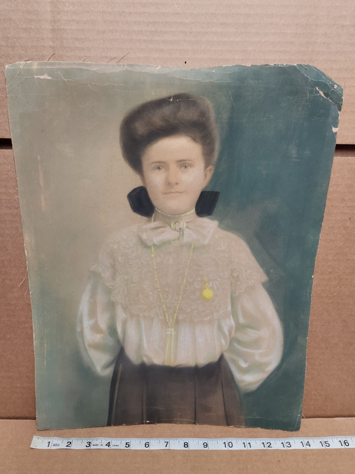 ANTIQUE Hand Colored Pastel Portrait Victorian Woman 18″ x 14″ Colored Portrait