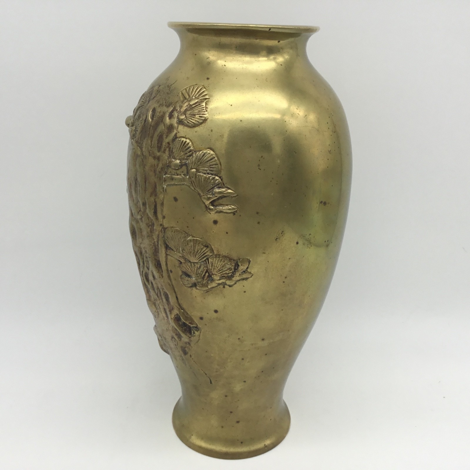 Japanese Brass Vase 9.5” Crane Bonsai Style Pine Tree Bas-relief Patina On Tree
