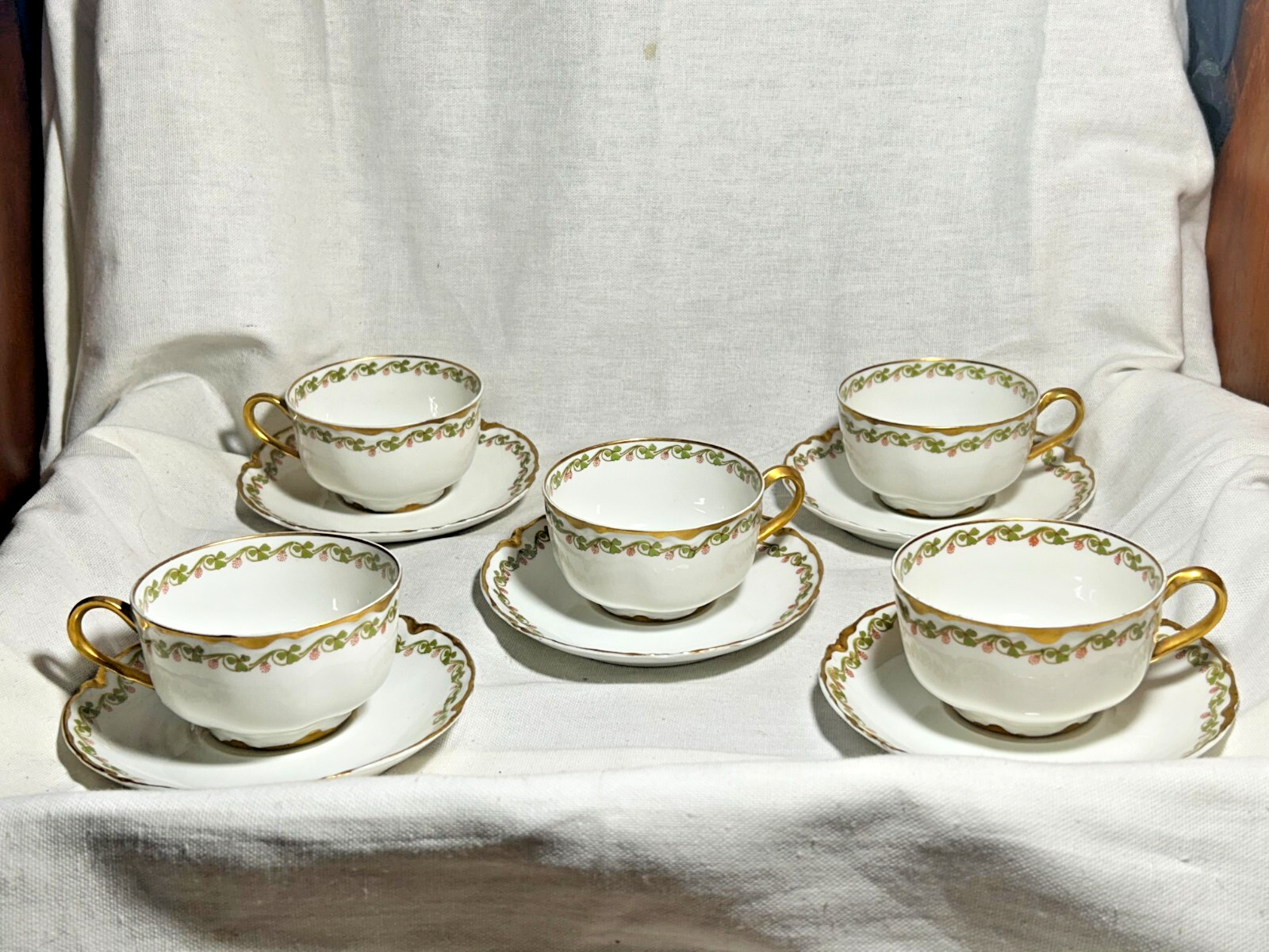 Circa 1900 Haviland France Limoges Floral Tea Cup And Saucer Set- Green/Gold/Red