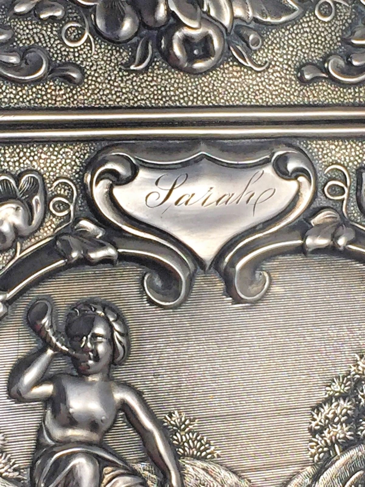 Great Gorham Coin Silver Figural Cherub & Dog Card Case- 3 3/8″ x 2 1/8″ -Mono’d