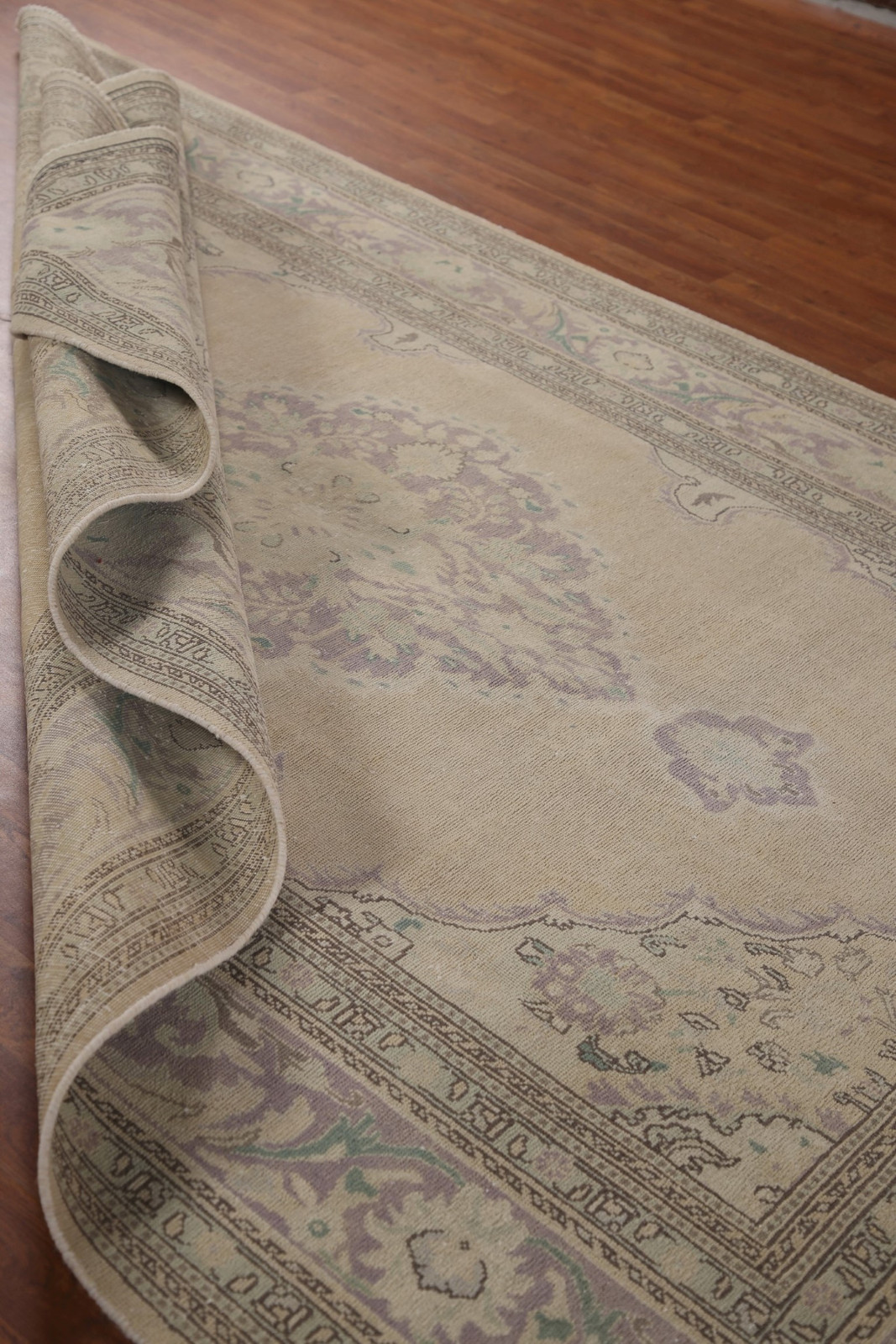 Hand-Knotted Wool Carpet Beige Geometric Beige Distressed Area Rug 7×10 Ft