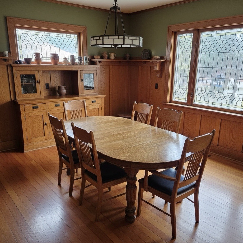 Gorgeous Antique Quarter Sawn Tiger Oak Dining Table With Six Matching Chairs