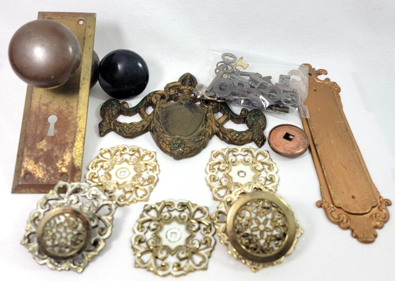 Antique Hardware Drawer Pulls Door Handles Keys Ornate Brass cast iron Parts lot