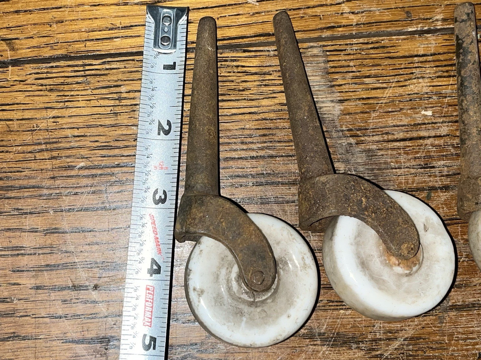 Set of 4 Antique Vtg Porcelain Caster Wheels Furniture Dresser. Washtub
