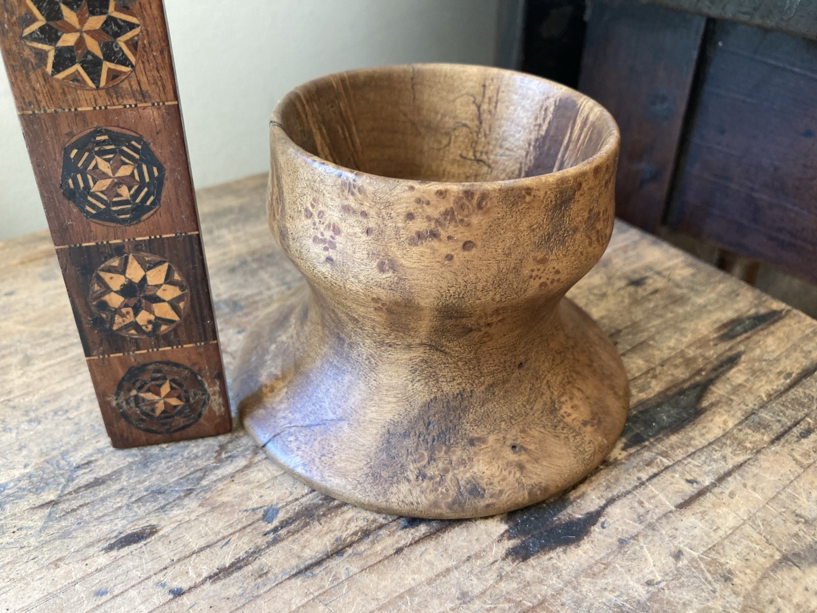Antique Primitive Master Salt Treen Ware Burl/bird’s eye