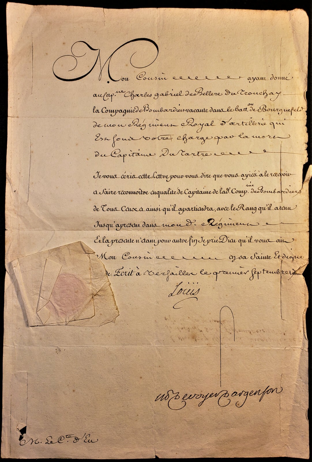 LOUIS XV SIGNED LETTER TO HIS COUSIN – COUNT OF EU, GRANDSON OF LOUIS XIV 1755