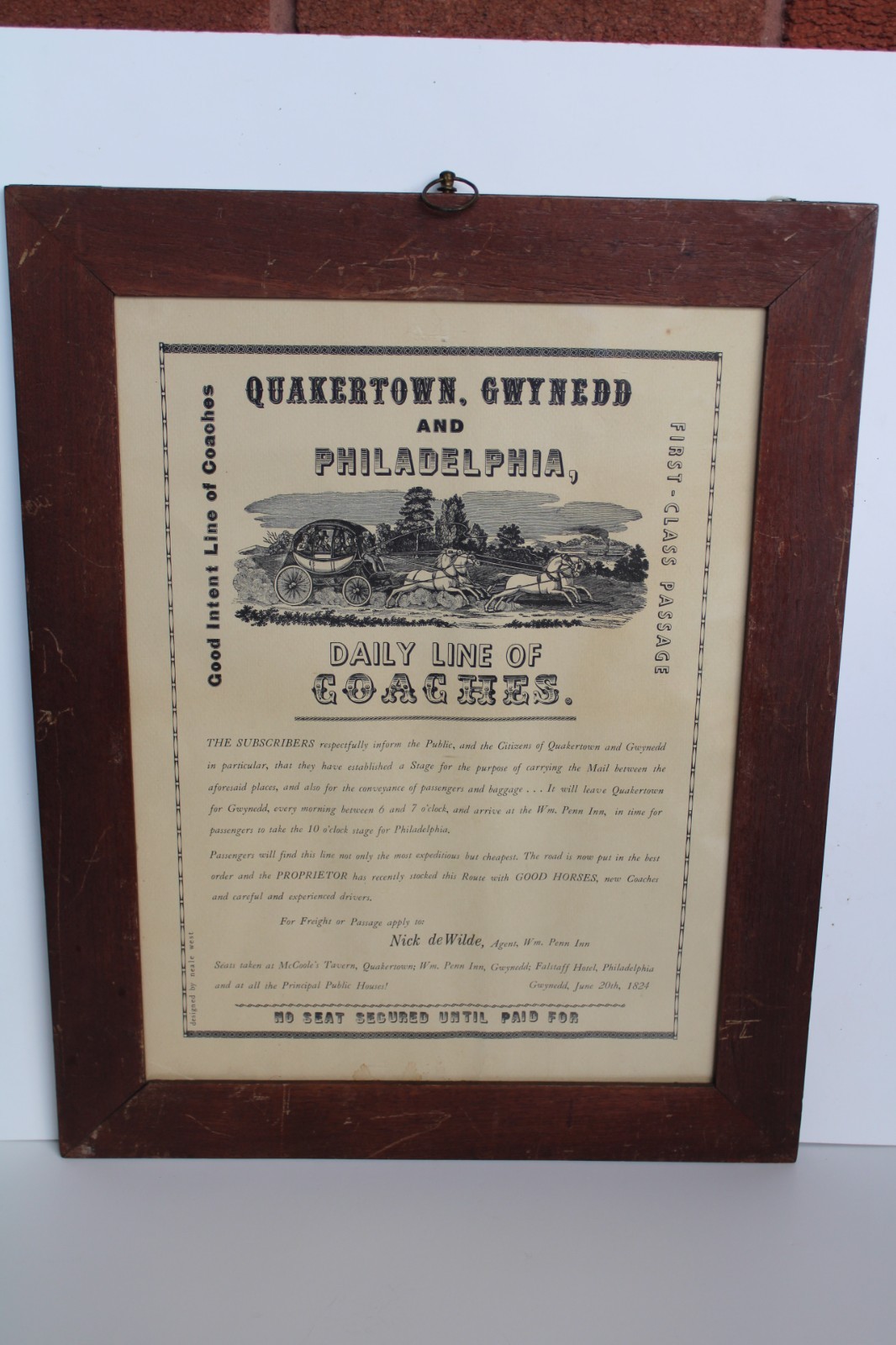 Antique 1820’s Gwynedd Quakertown William Penn Inn Advertising Coaches Broadside