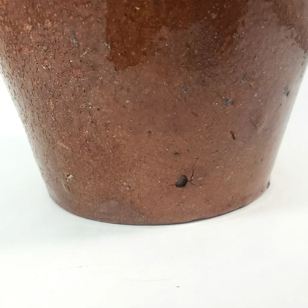 Antique Glazed Redware Handled Jug Orangish-Brown 2 Quarts Worn Primitive Decor