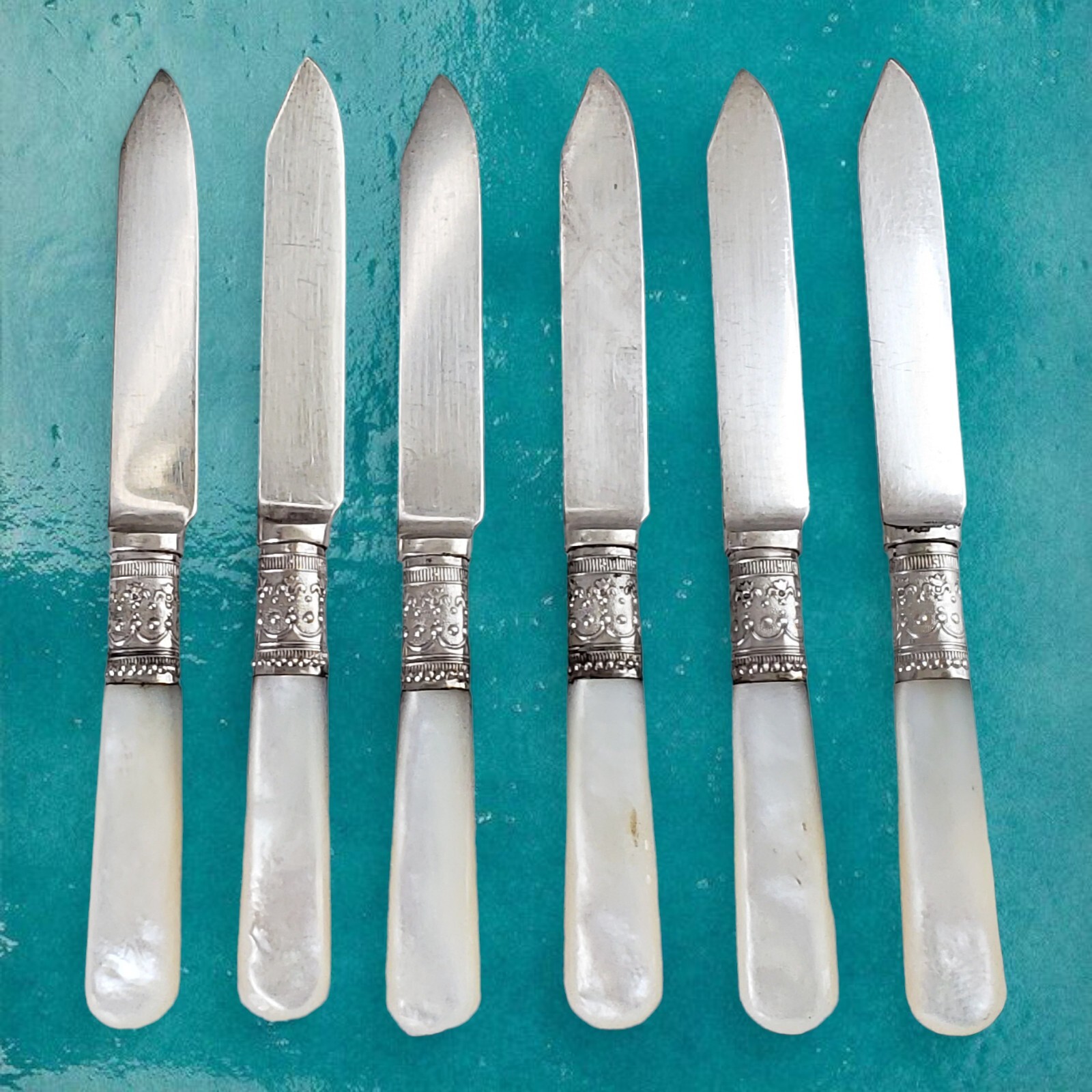 Antique Meriden Cutlery Co. 1855 Sterling Bands Mother of Pearl Fruit Knife Set