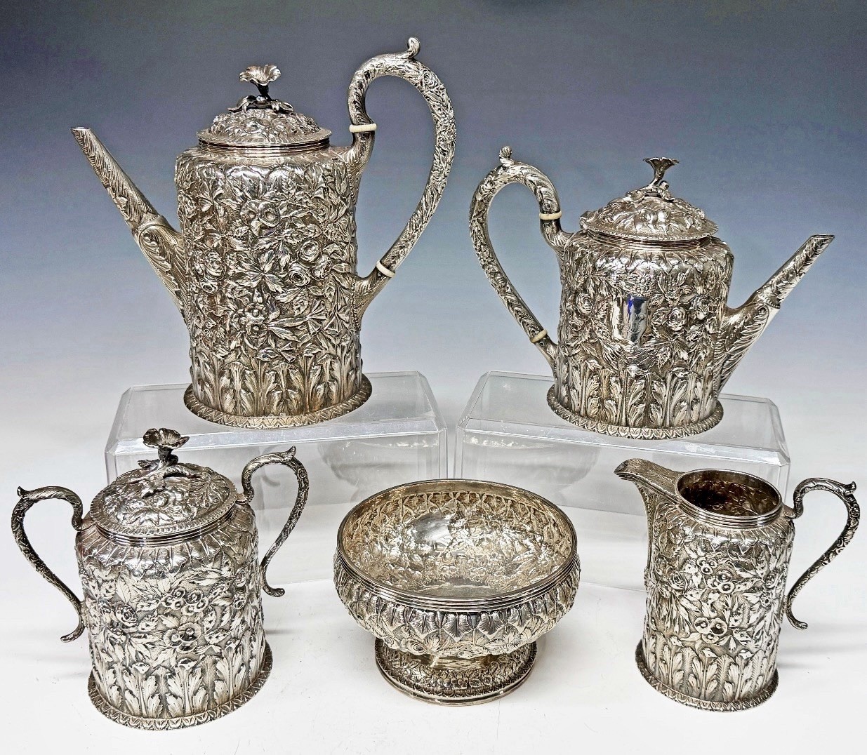 FINE 1882 S KIRK SON 11 OZ STERLING REPOUSSE 5 PIECE COFFEE & TEA SET 109 OZT