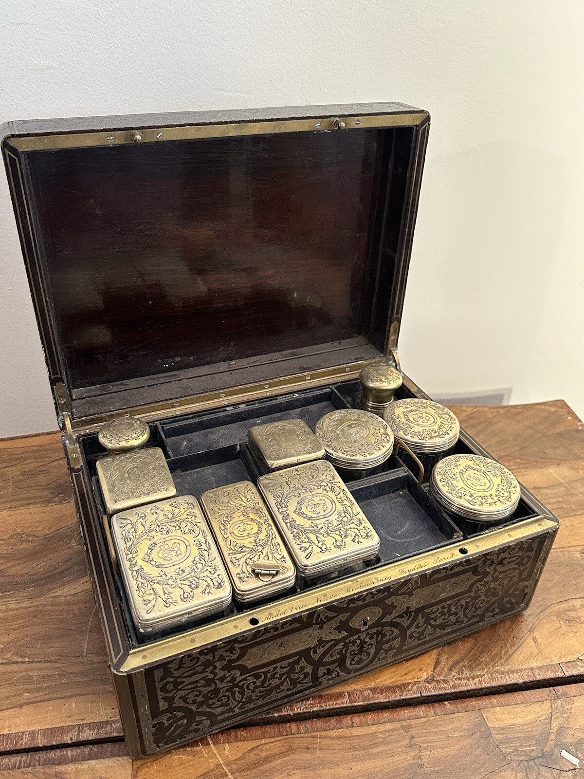 Antique 19th Century French Toilet Box with Silver Pieces