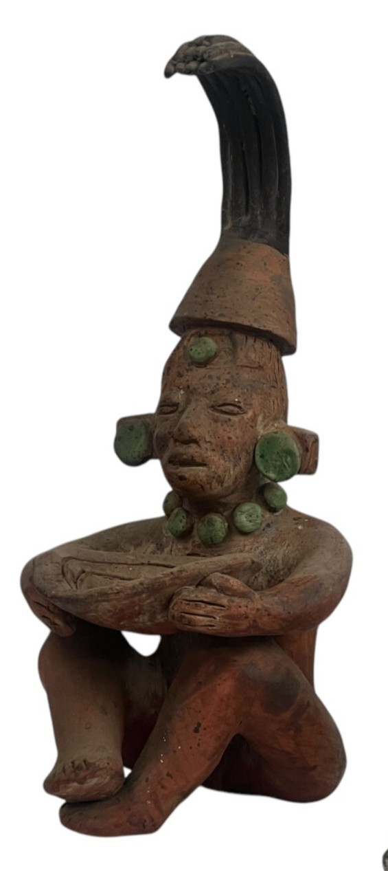 Tlatilco Figure Terracotta Redware Pre Columbian Pottery Seated Man w/ Bowl 9×5″