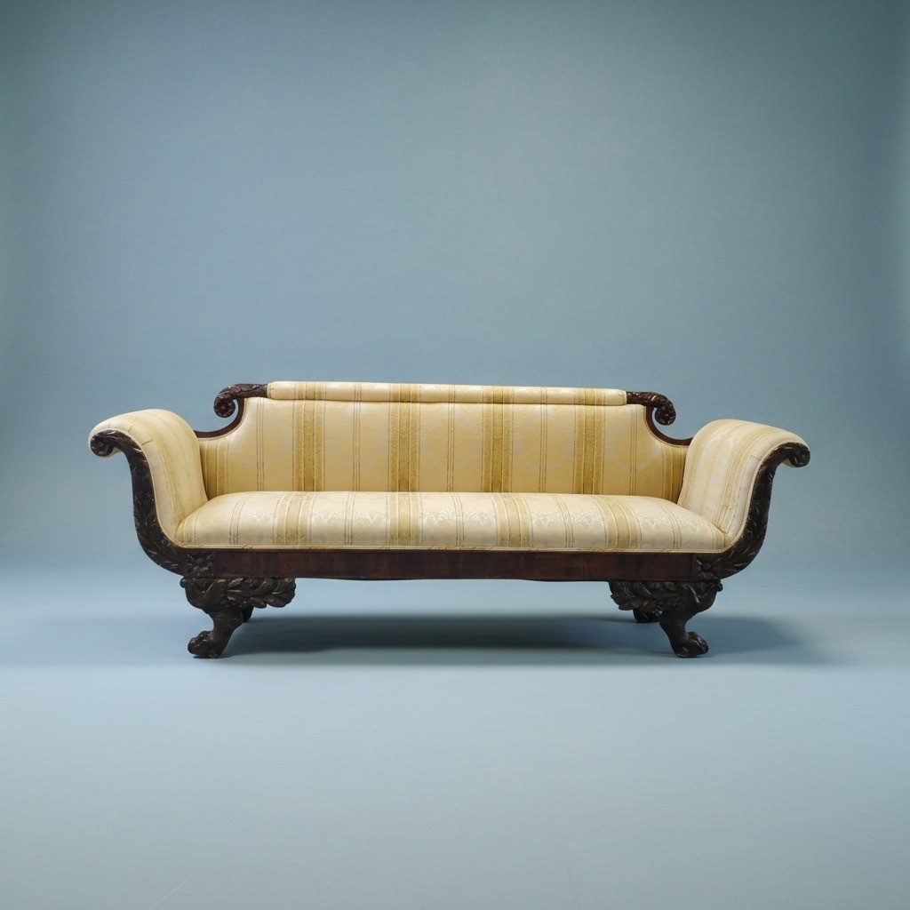 American Empire Mahogany Carved Sofa Damask Upholstery Lion Feet FREE DELIVERY
