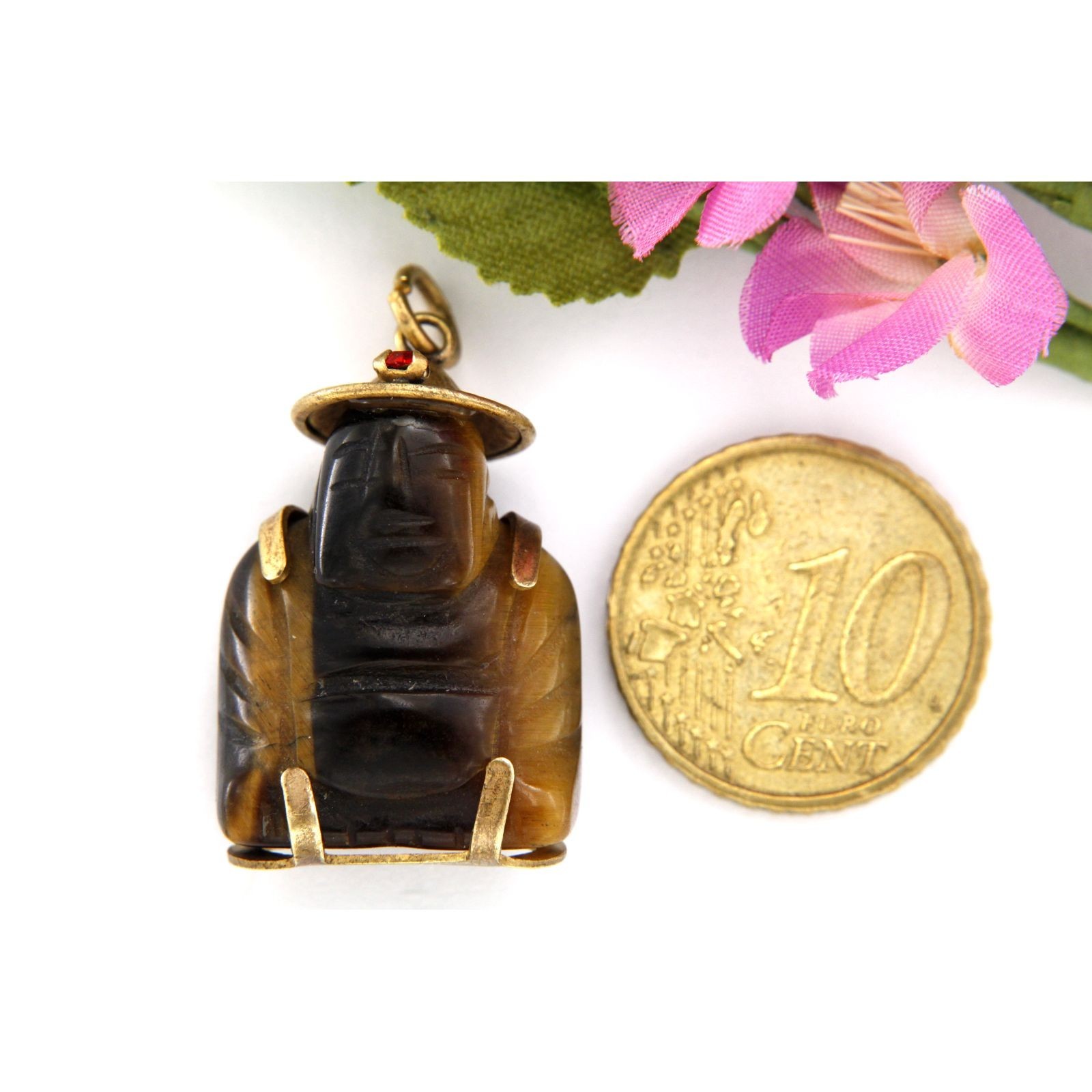 Carved Tiger Eye Stone Chinese Asian Buddha Buddah Vintage Estate Pendant Amulet
