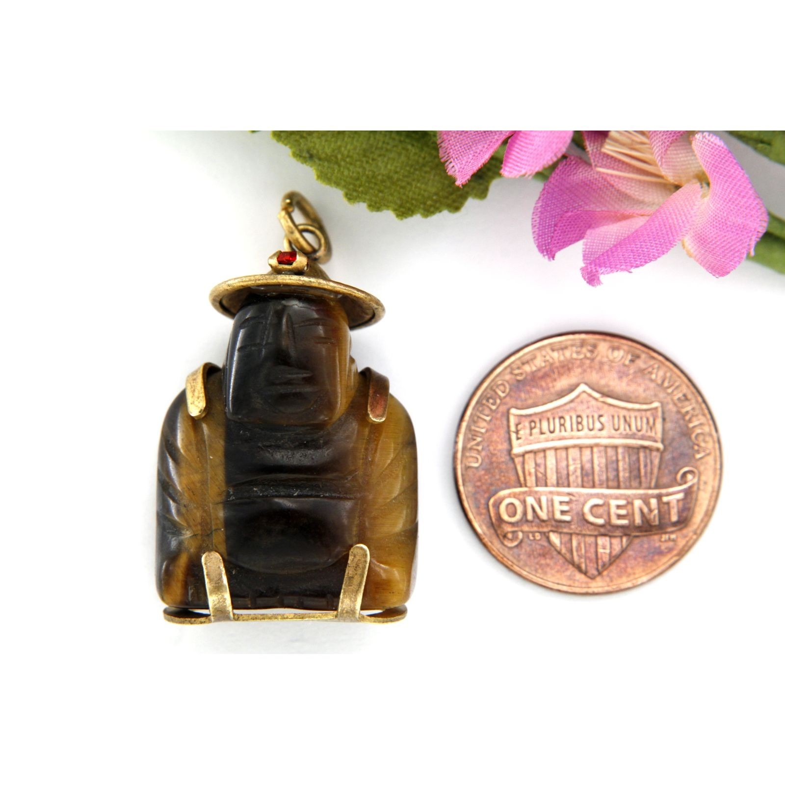 Carved Tiger Eye Stone Chinese Asian Buddha Buddah Vintage Estate Pendant Amulet