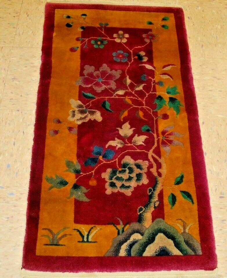 c1920s ANTIQUE GOLD ART DECO WALTER NICHOLS CHINESE RUG 2′ x 3’10” VEGETABLE DYE