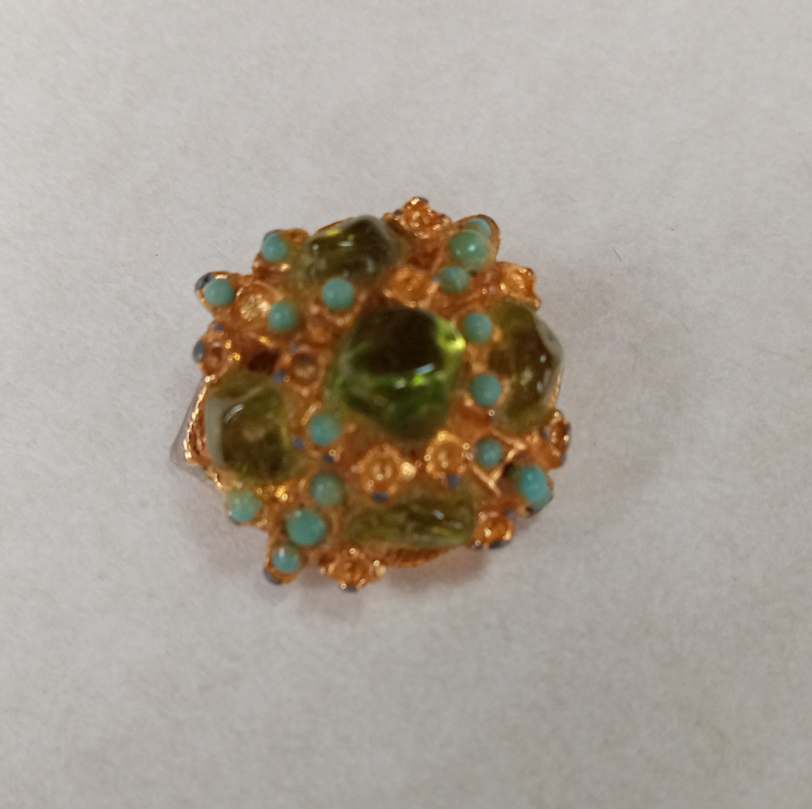 Vintage Gold Tone Round Metal Glass Button Green Blue Accents Ornate Design
