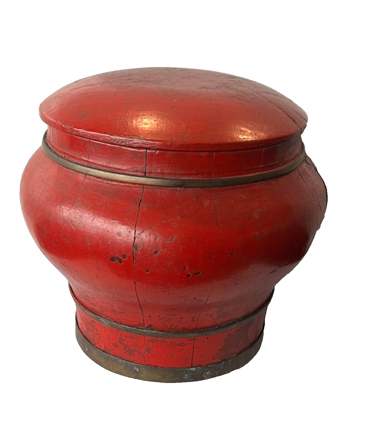 Antique Chinese Red Lacquered Rice Bucket with Lid Height:24cm; Circumf: 76cm