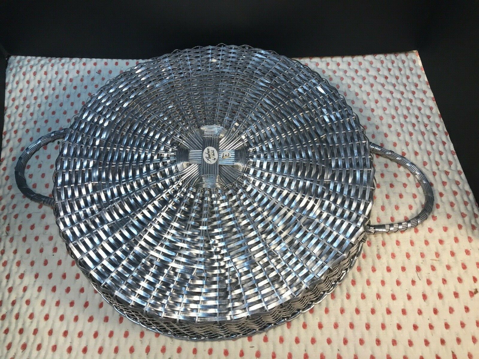 Handled Silver Metal Tray Decorative Weaved Basket Large Round NOS Andrea Sadek