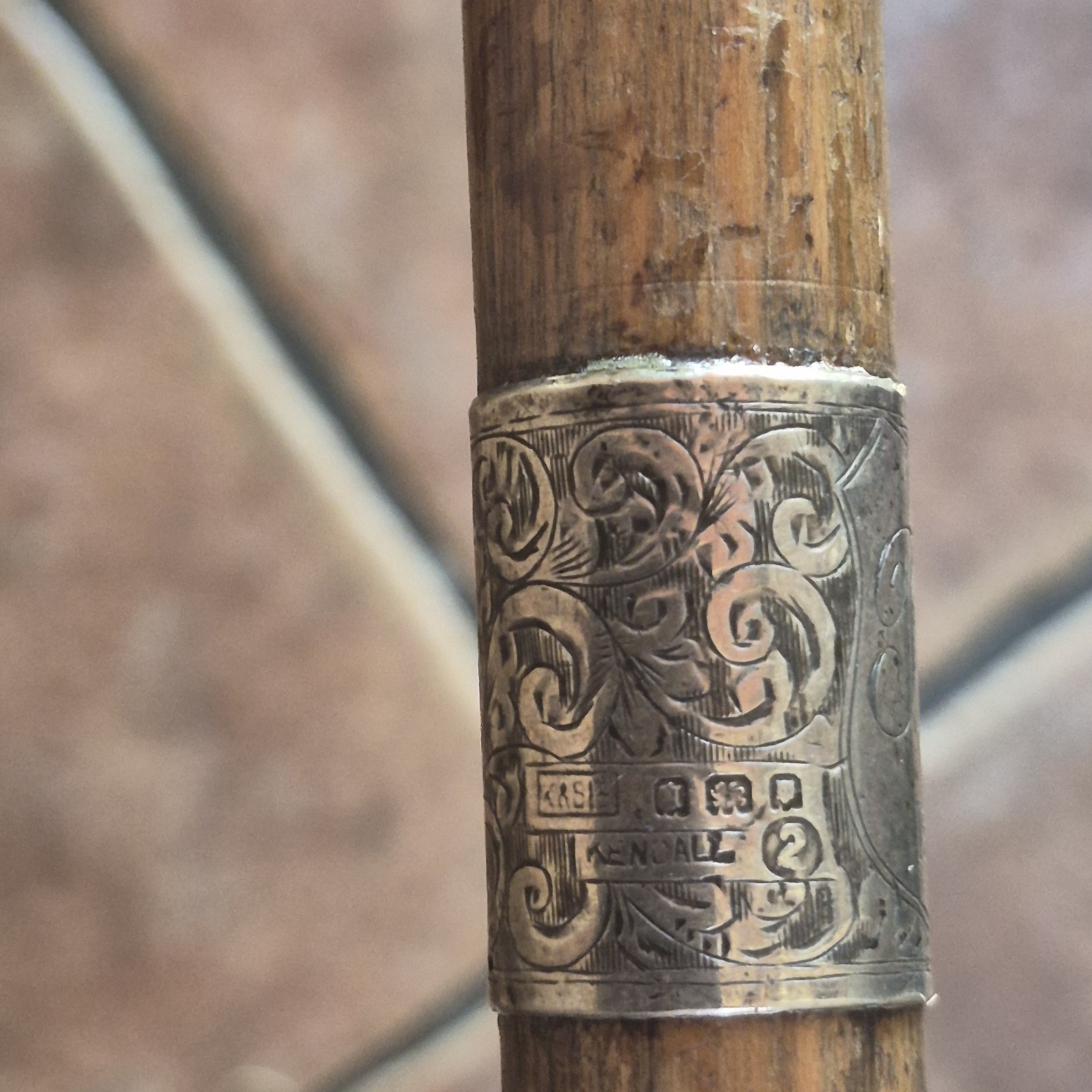 Vintage silver mounted Kendall walking stick cane hallmarked Handle End And Band