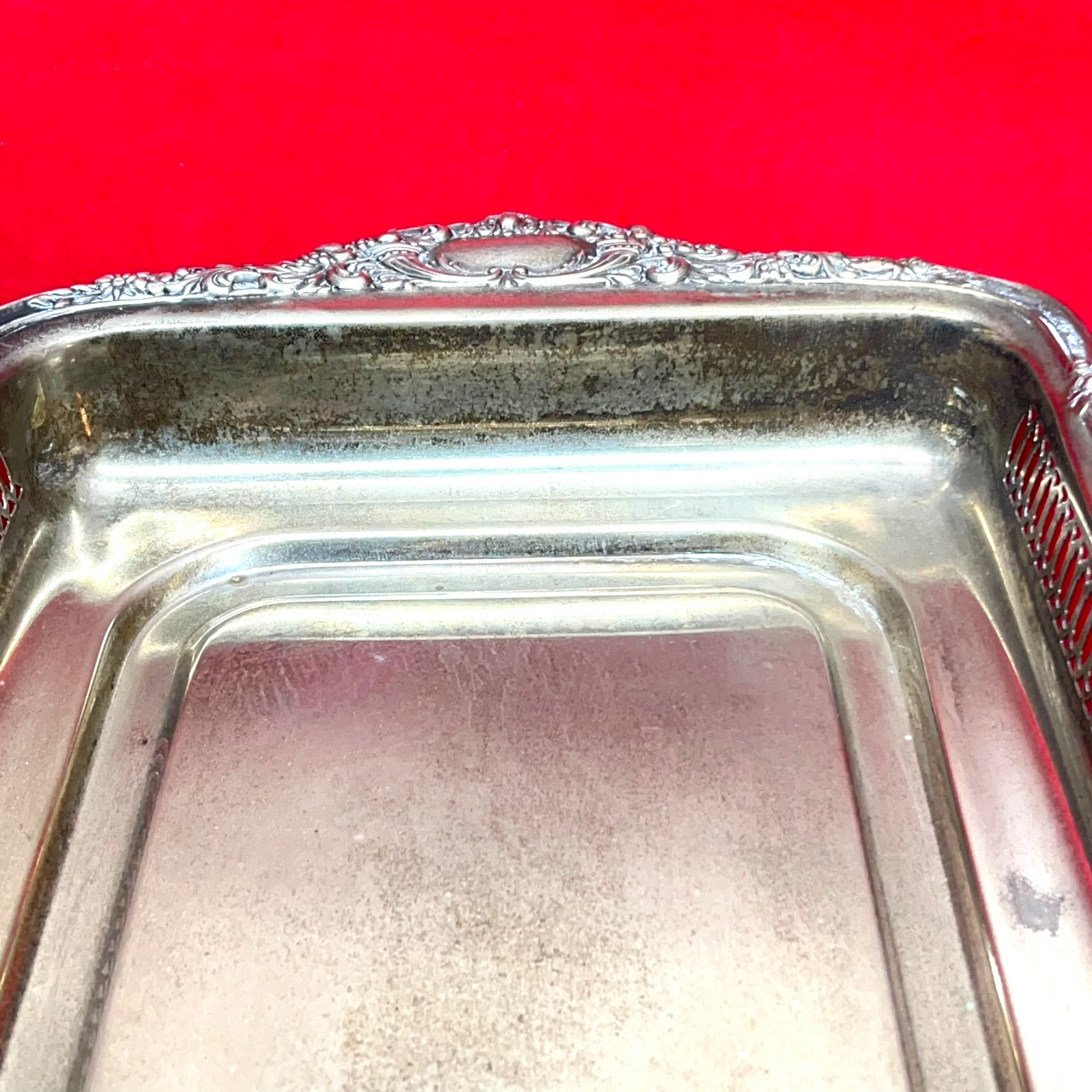 VTG 19″ Tarnished Silver Plated Rectangular Butler Serving Tray Pierced Gallery