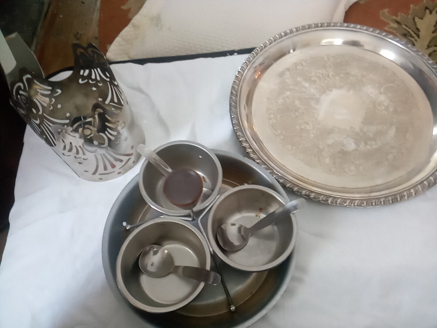 Silver plated Plate, Candle Cover, and Condiment Server
