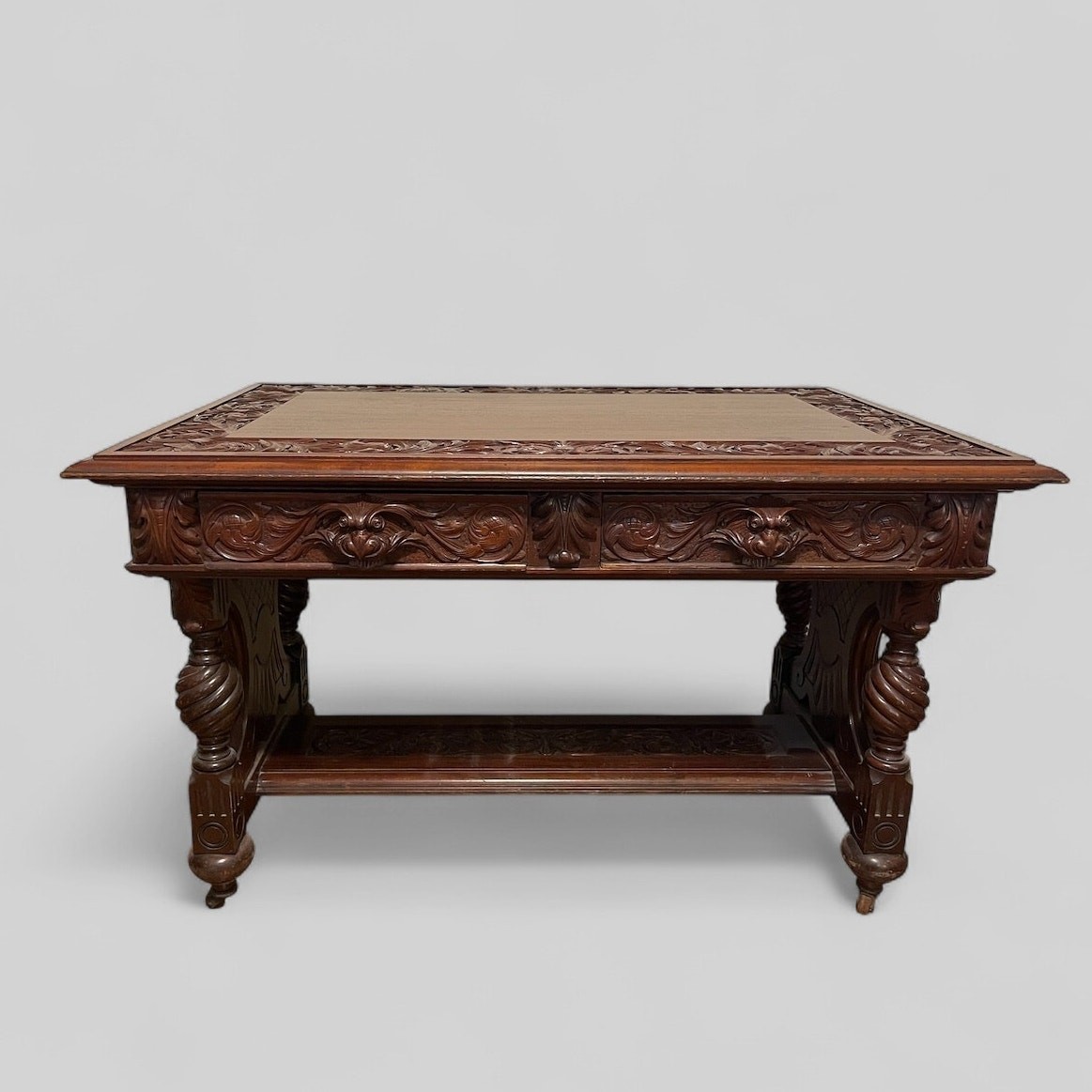 Antique Renaissance Revival Carved Writing Desk Table Green Man